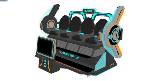 FUN Cinema 4 Seat VR Cinema Simulator. Multiplayer 9D VR Motion Ride con grande schermo frontale, design di splicing, occhiali DPVR ed effetti speciali dinamici.